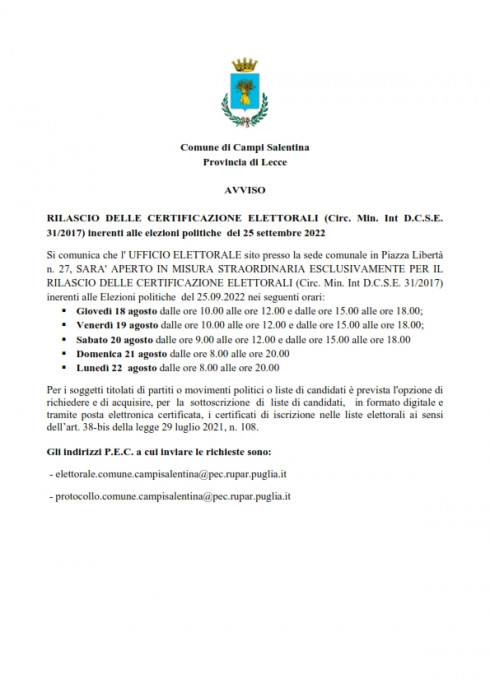 AVVISO - RILASCIO DELLE CERTIFICAZIONE ELETTORALI (Circ. Min. Int D.C.S.E. 31...