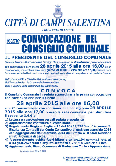 CONVOCAZIONE CONSIGLIO COMUNALE DEL 28 APRILE 2015