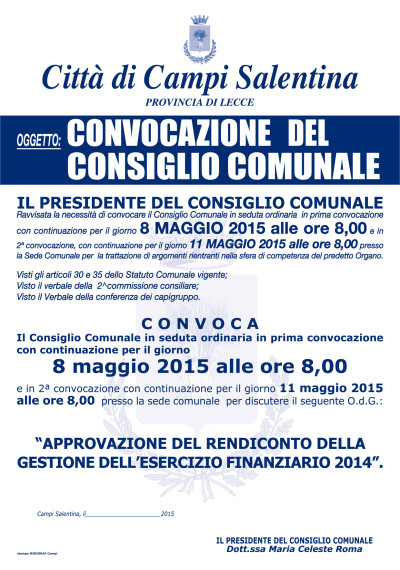CONVOCAZIONE CONSIGLIO COMUNALE DEL 08 MAGGIO 2015