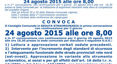 CONVOCAZIONE CONSIGLIO COMUNALE DEL 24 AGOSTO 2015. 