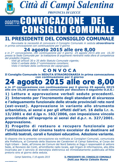 CONVOCAZIONE CONSIGLIO COMUNALE DEL 24 AGOSTO 2015. 