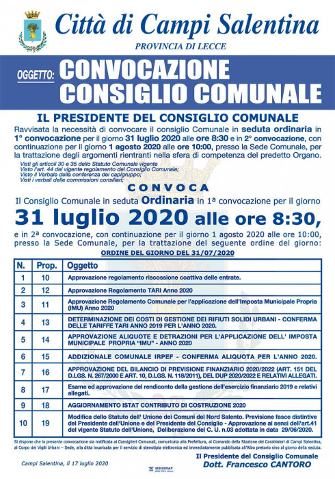 Convocazione Consiglio Comunale del 31.07.2020