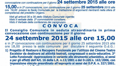 CONVOCAZIONE CONSIGLIO COMUNALE DEL 24 SETTEMBRE 2015.