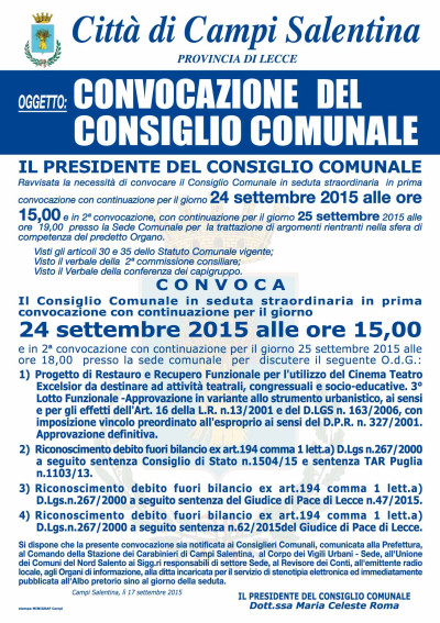 CONVOCAZIONE CONSIGLIO COMUNALE DEL 24 SETTEMBRE 2015.