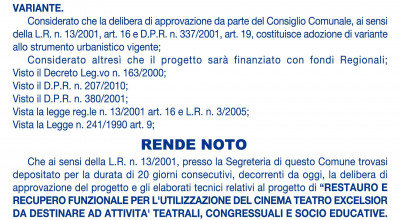 RESTAURO E RECUPERO FUNZIONALE PER L`UTILIZZAZIONE DEL CINEMA TEATRO EXCELSIO...