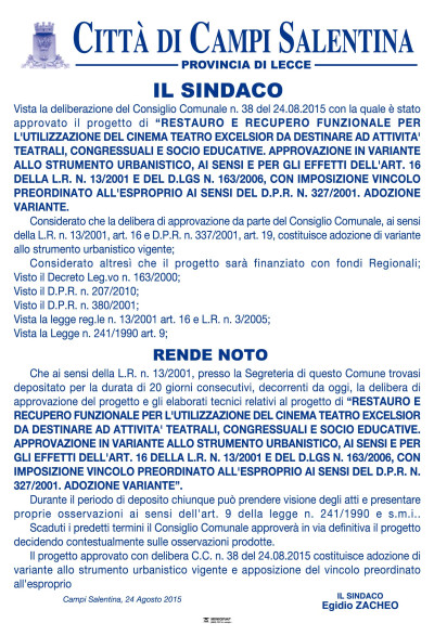 RESTAURO E RECUPERO FUNZIONALE PER L`UTILIZZAZIONE DEL CINEMA TEATRO EXCELSIO...
