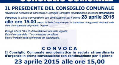 CONVOCAZIONE CONSIGLIO COMUNALE DEL 23 APRILE 2015