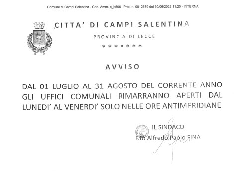 Orario estivo degli  Uffici 